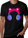 Cute Cat Ear Headphones Graphic Tee - Black product image 1