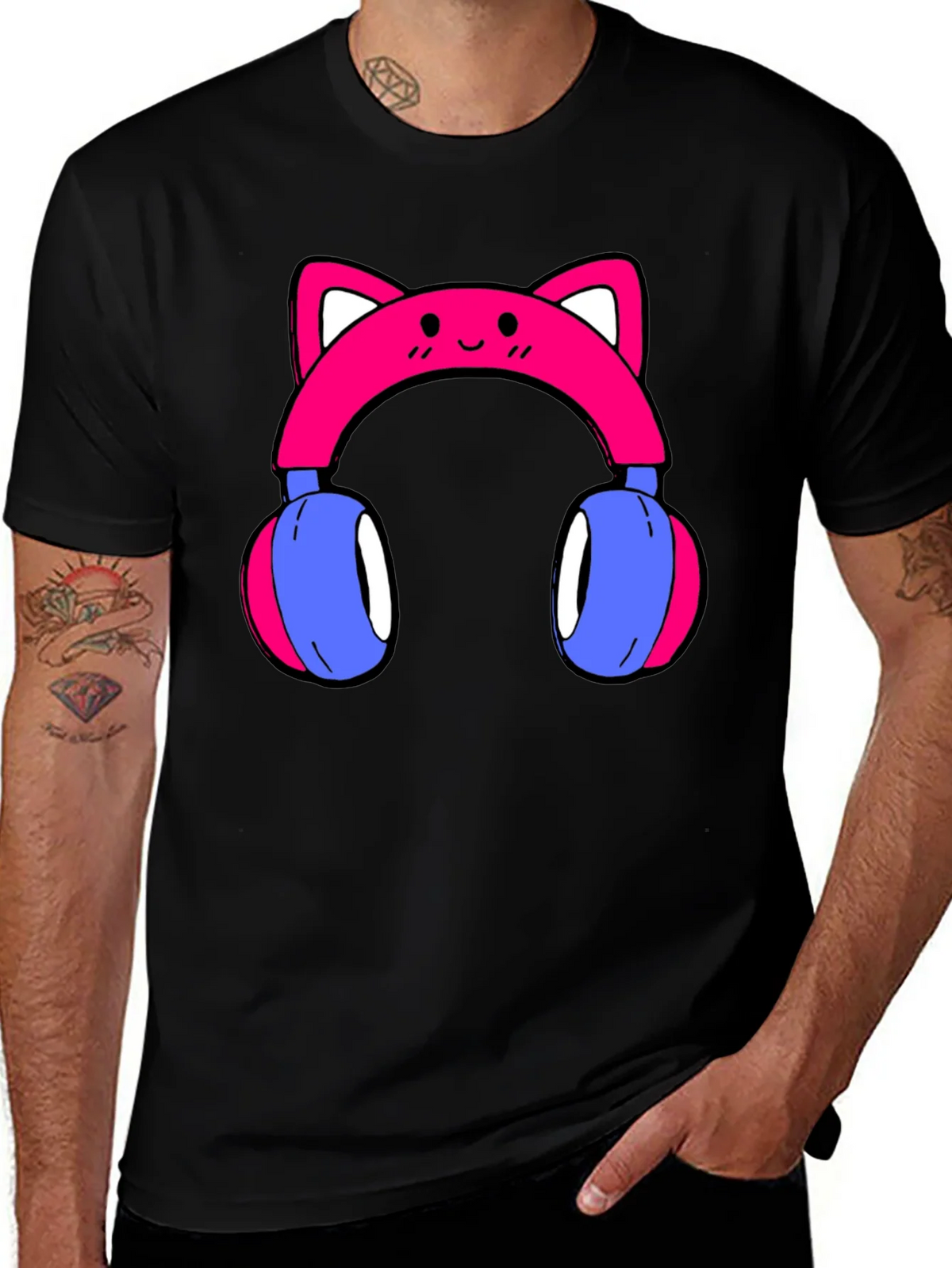 Cute Cat Ear Headphones Graphic Tee - Black product image 1