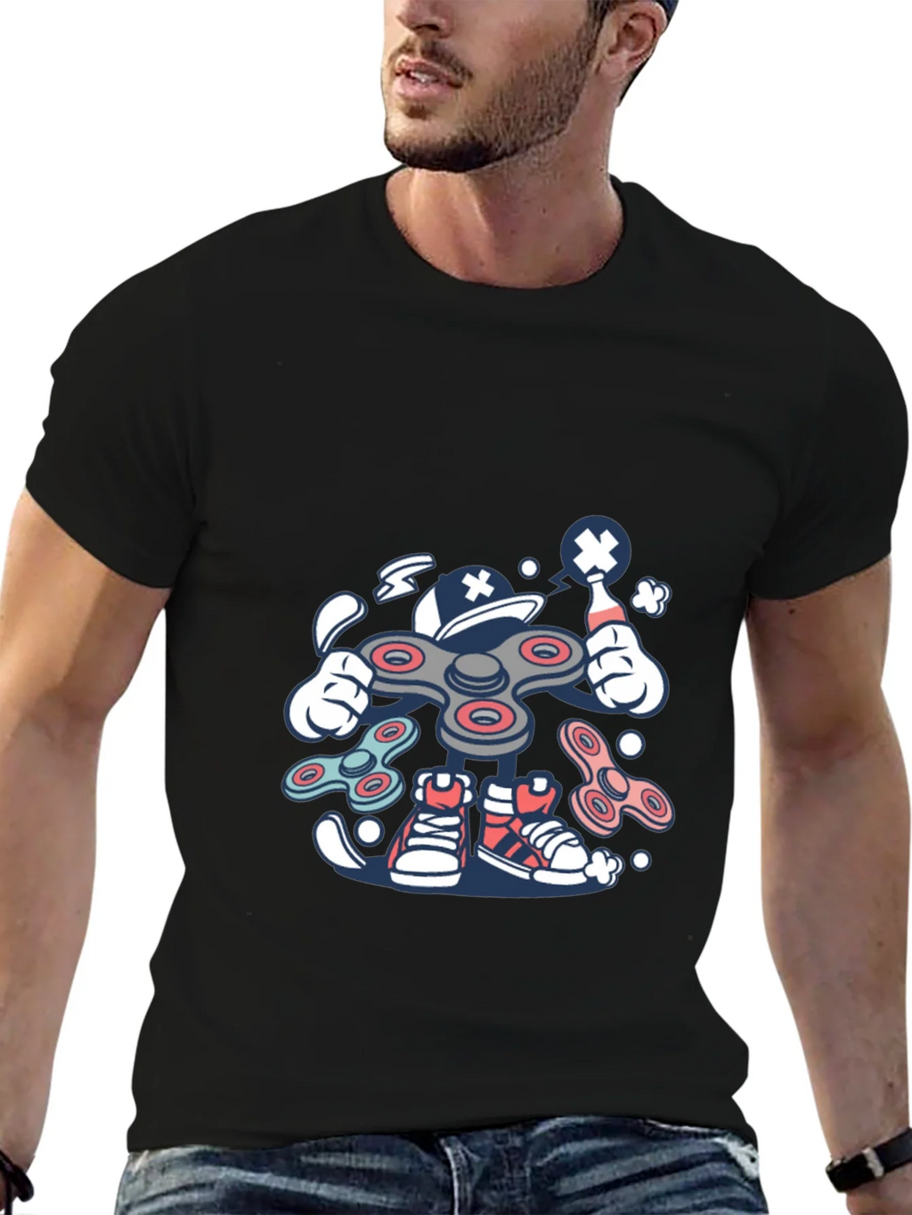 Fidget Spinner Cartoon Graphic Black T-Shirt product image 6