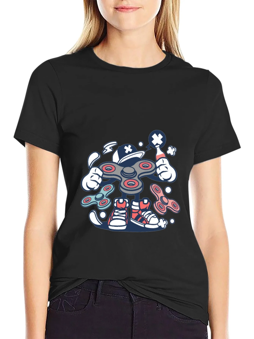 Fidget Spinner Cartoon Graphic Black T-Shirt product image 2